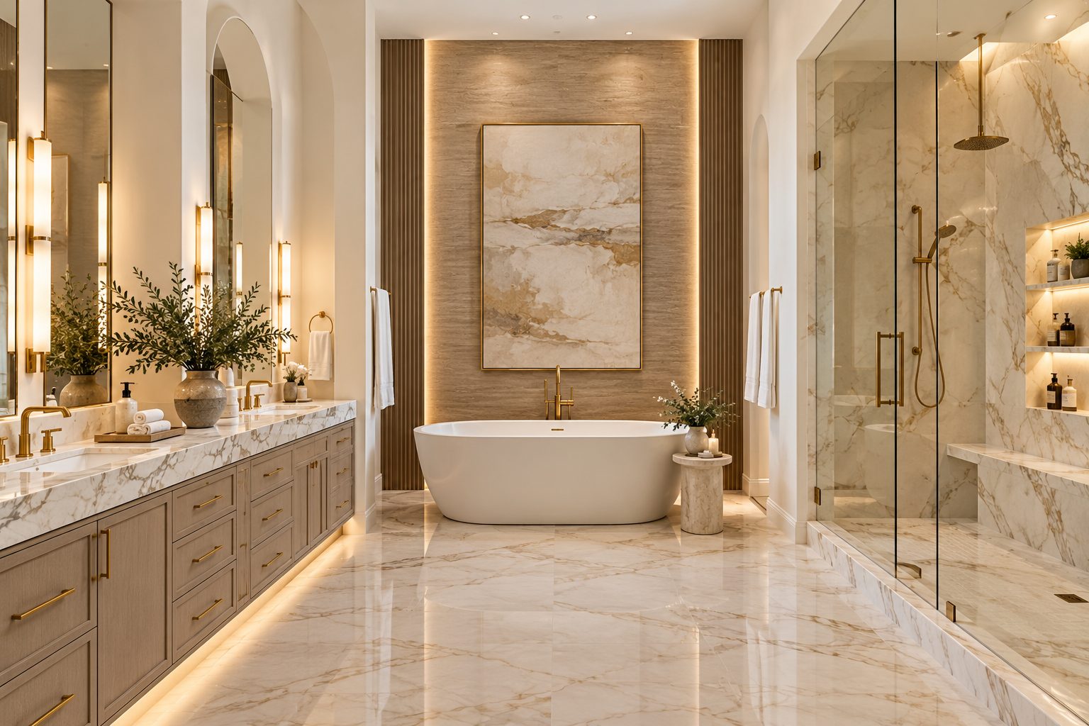 Marble primary bathroom with freestanding tub and brass fixtures