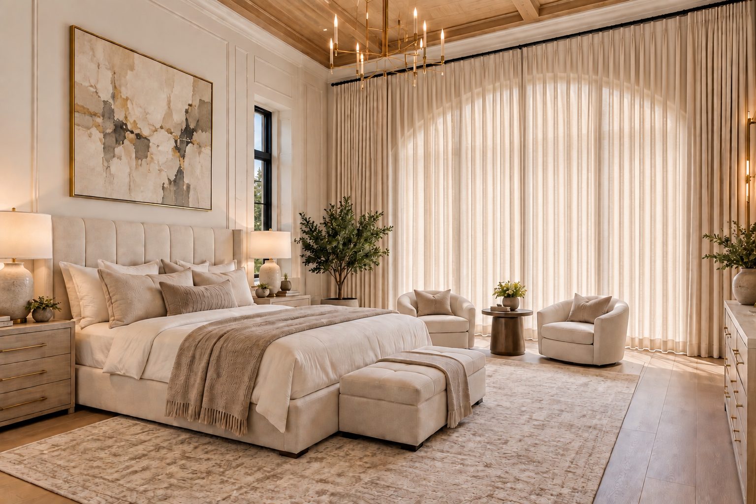 Serene cream bedroom with upholstered bed and linen drapery