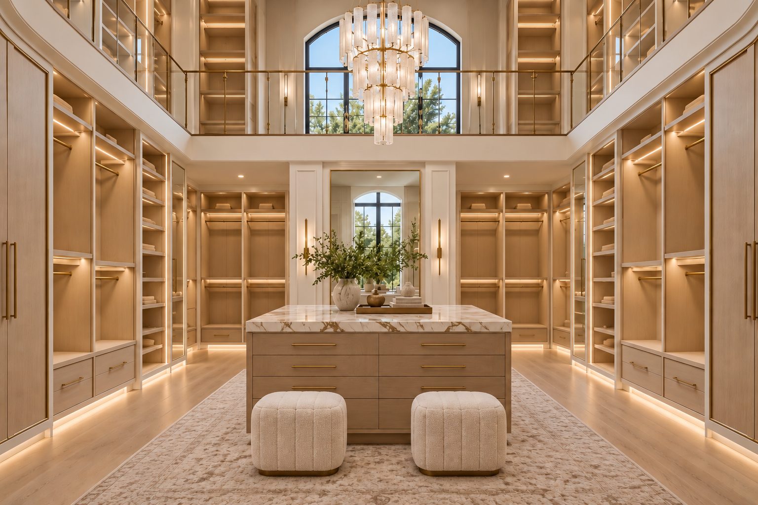 Two-story dressing room with marble island and crystal chandelier