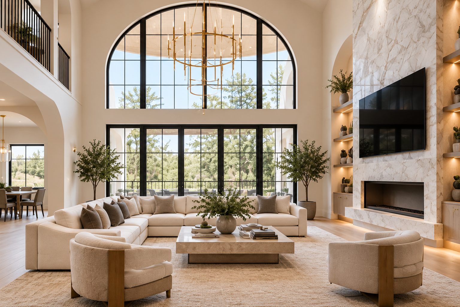 Two-story living room with arched windows and marble fireplace