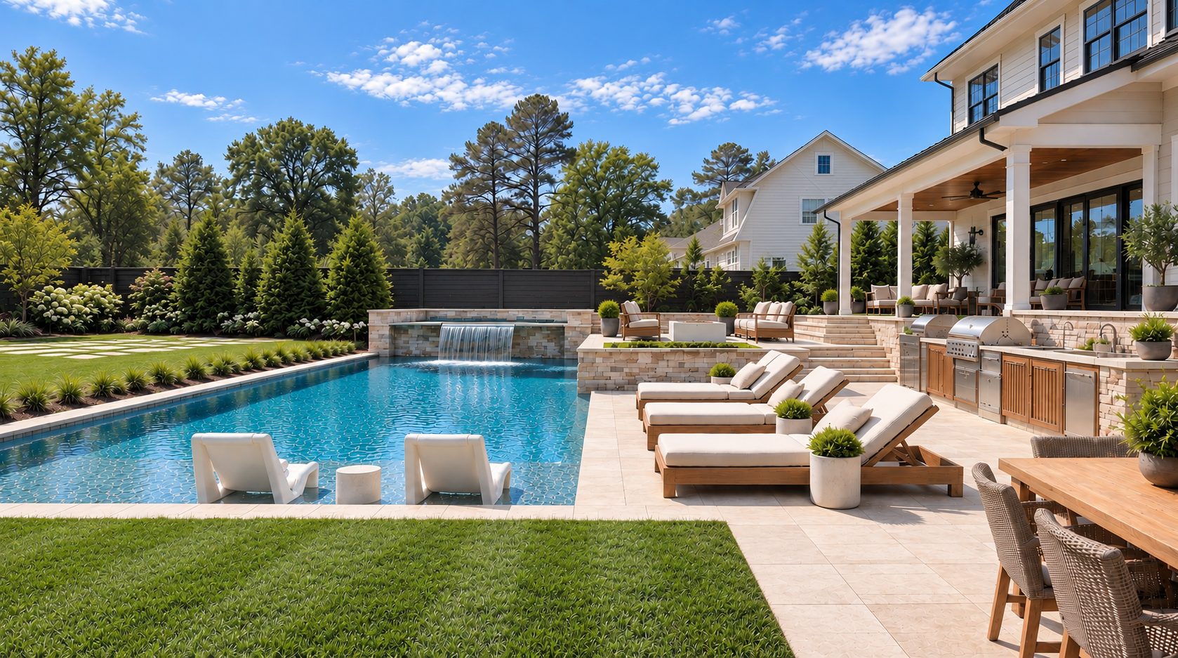 Backyard pool with waterfall, loungers, and outdoor kitchen